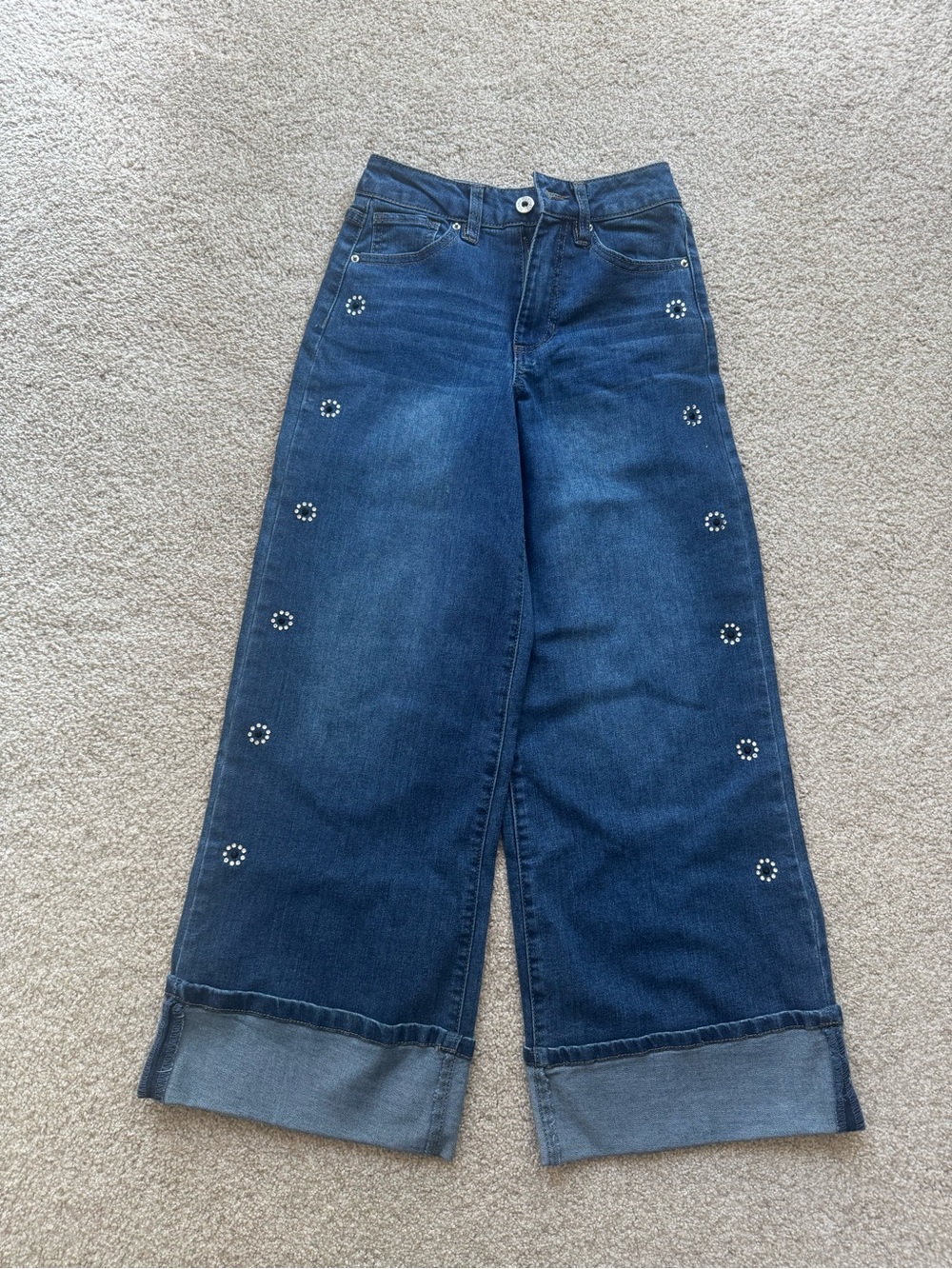 Girls' Dark Blue Wide-Leg Jeans with Stud Embellishments